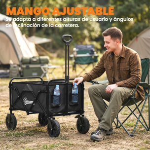 Carro Playa con Ruedas Grandes Bloqueables, Carro de Jardín Plegable con Mango Ajustable, Portavasos y Marco de Metal, Carga 80 kg, Carrito Transporte para Jardín, Campaña, Compras, Negro