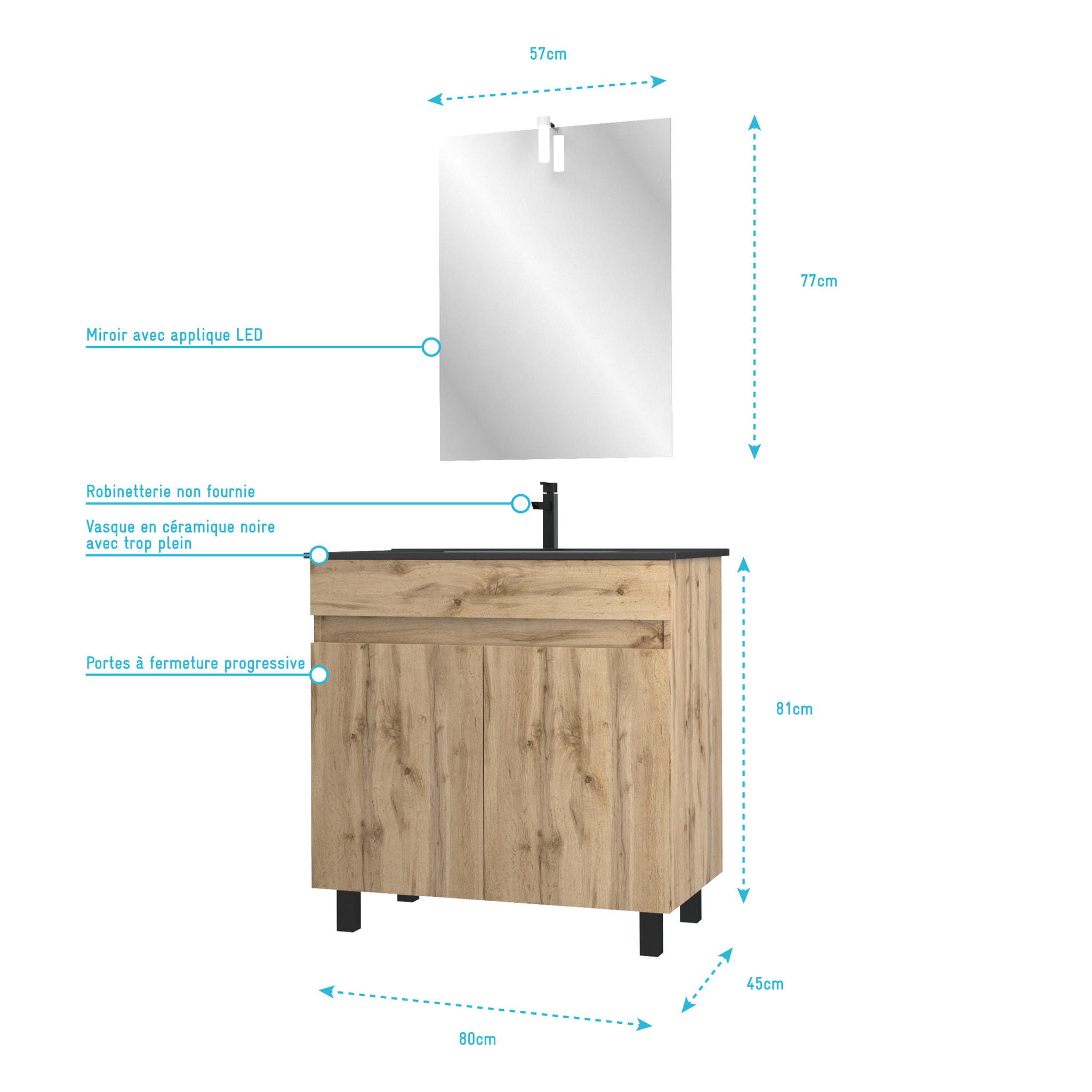 Pack Meuble SDB 80cm sur pieds 2 portes Chene_Vasque noire + Miroir Led - TIMBER 80_Pack23