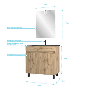 Pack Meuble SDB 80cm sur pieds 2 portes Chene_Vasque noire + Miroir Led - TIMBER 80_Pack23