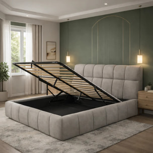 Lit coffre Aneto avec tête de lit en tissu chenille gris