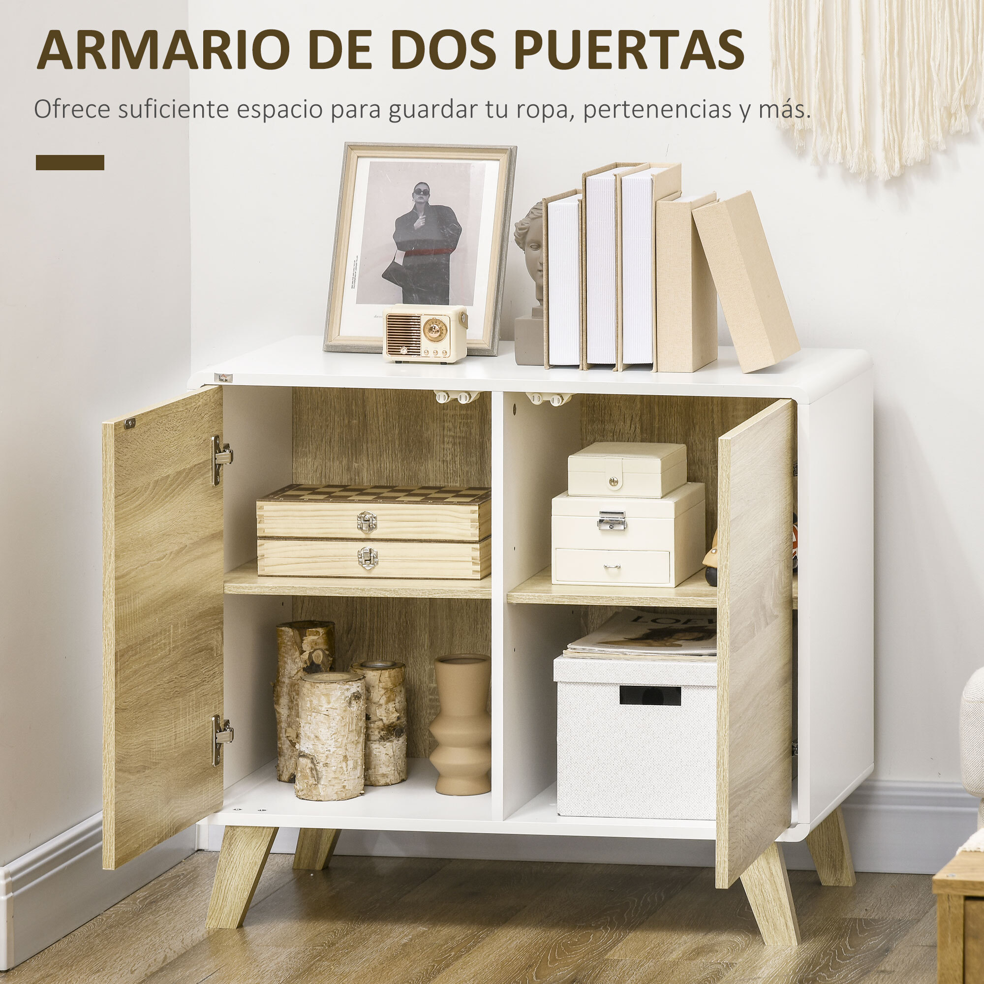 Aparador de Cocina Moderno Buffet de Salón con Puertas de Apertura de Presión y Estante Ajustable para Comedor Dormitorio 80x40x70 cm Blanco y Roble