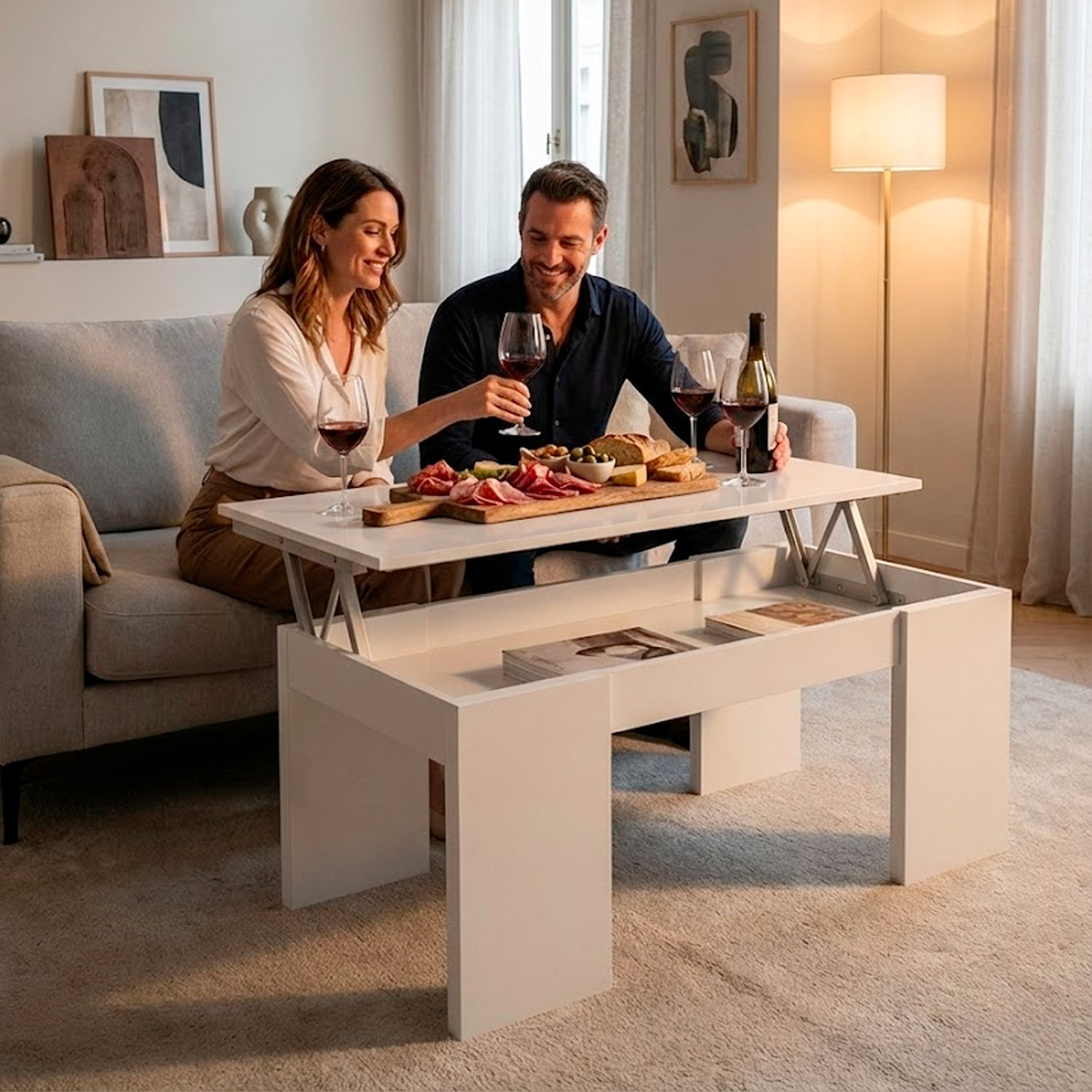 Tavolino da Caffè Con Piano Rialzabile Con Vano Contenitore Alzabile Tavolo da Salotto Moderno Salvaspazio Ideale per Lavorare 100 x 50 x 42 cm Bianco