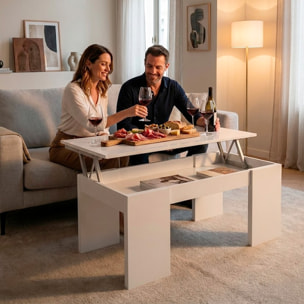 Tavolino da Caffè Con Piano Rialzabile Con Vano Contenitore Alzabile Tavolo da Salotto Moderno Salvaspazio Ideale per Lavorare 100 x 50 x 42 cm Bianco