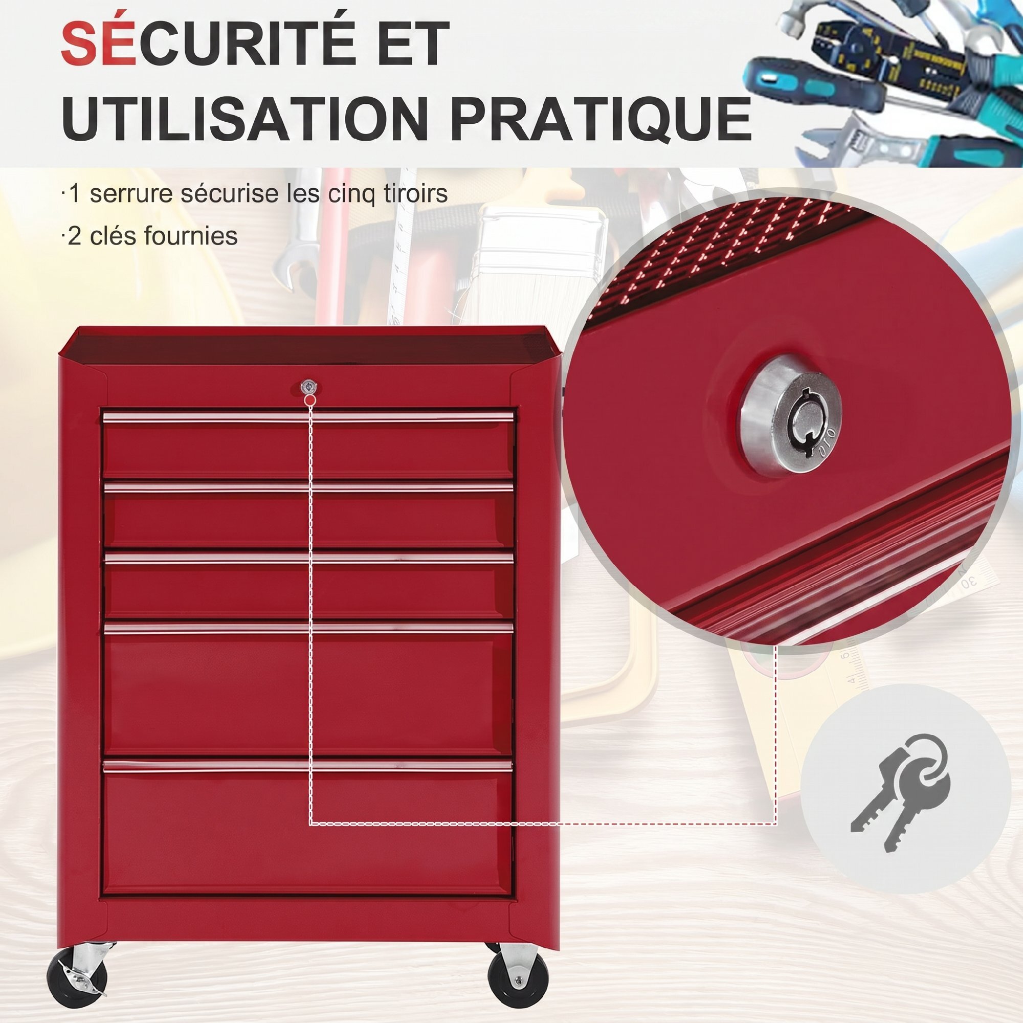 Servante d'atelier 5 tiroirs verrouillables 2 clés tôle d'acier rouge