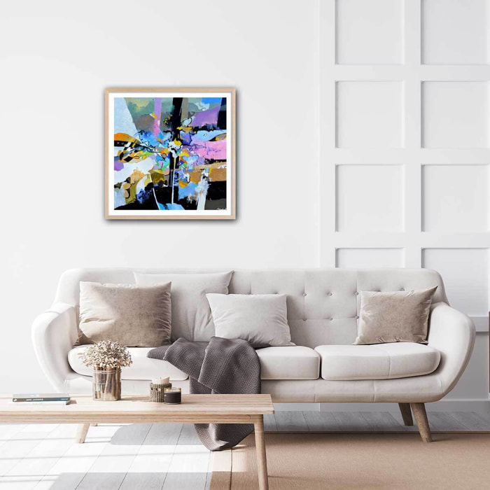 Affiche abstraite reminescence en arc-en-ciel Affiche + cadre en bois - Chêne