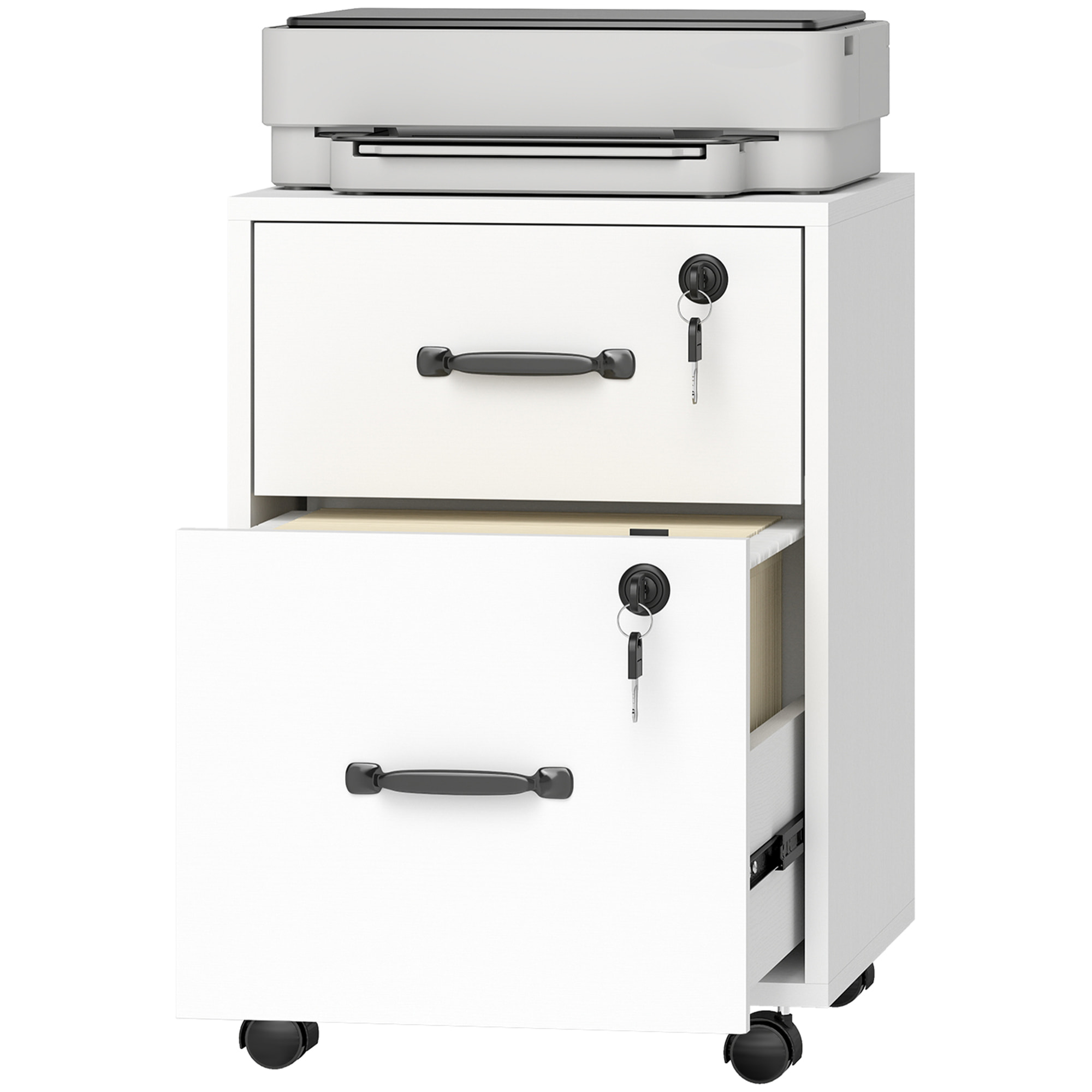 Caisson bureau verrouillable mobile 2 tiroirs coulissants trieur dossiers blanc