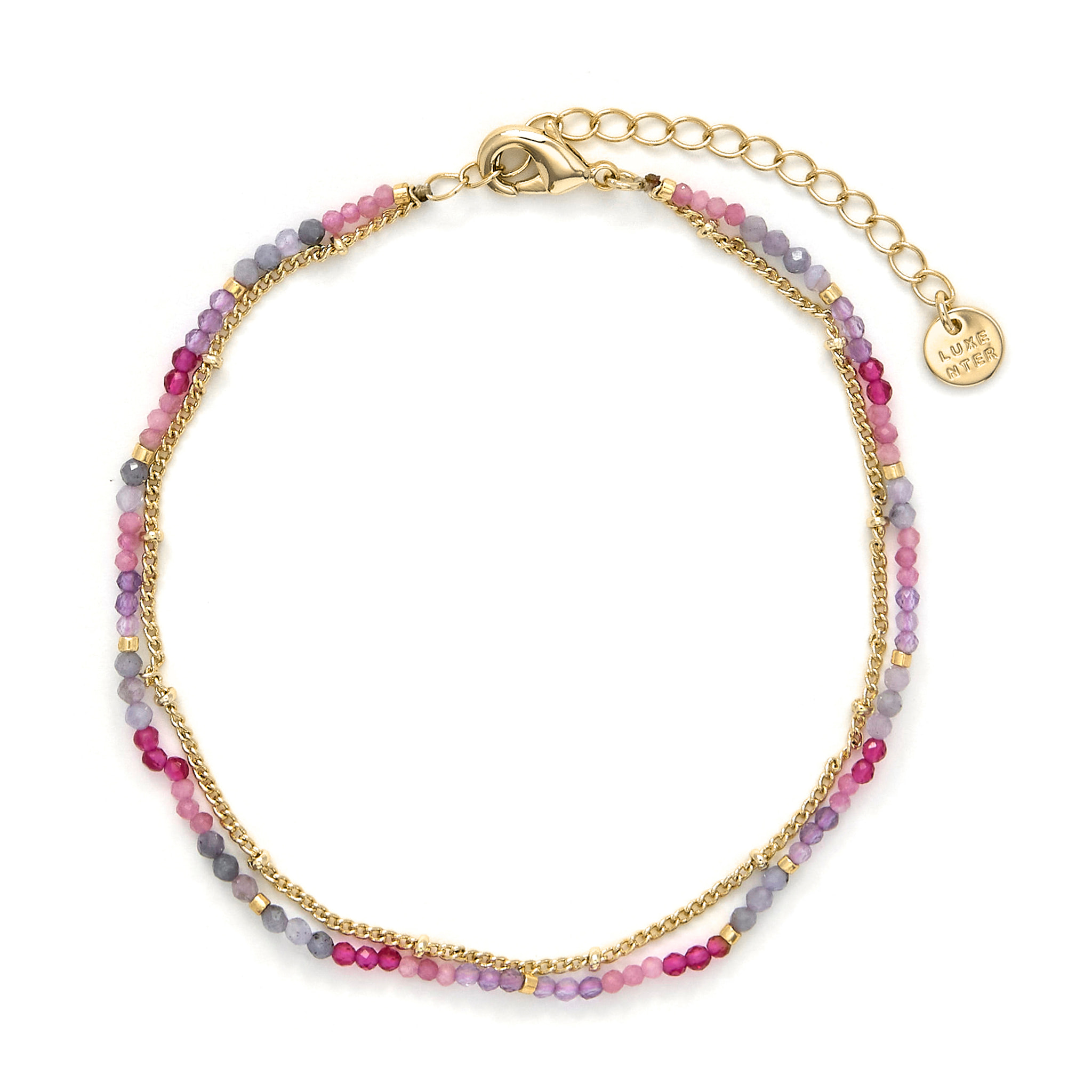 Tobillera de Cristal Morado acabado en oro amarillo de 18K
