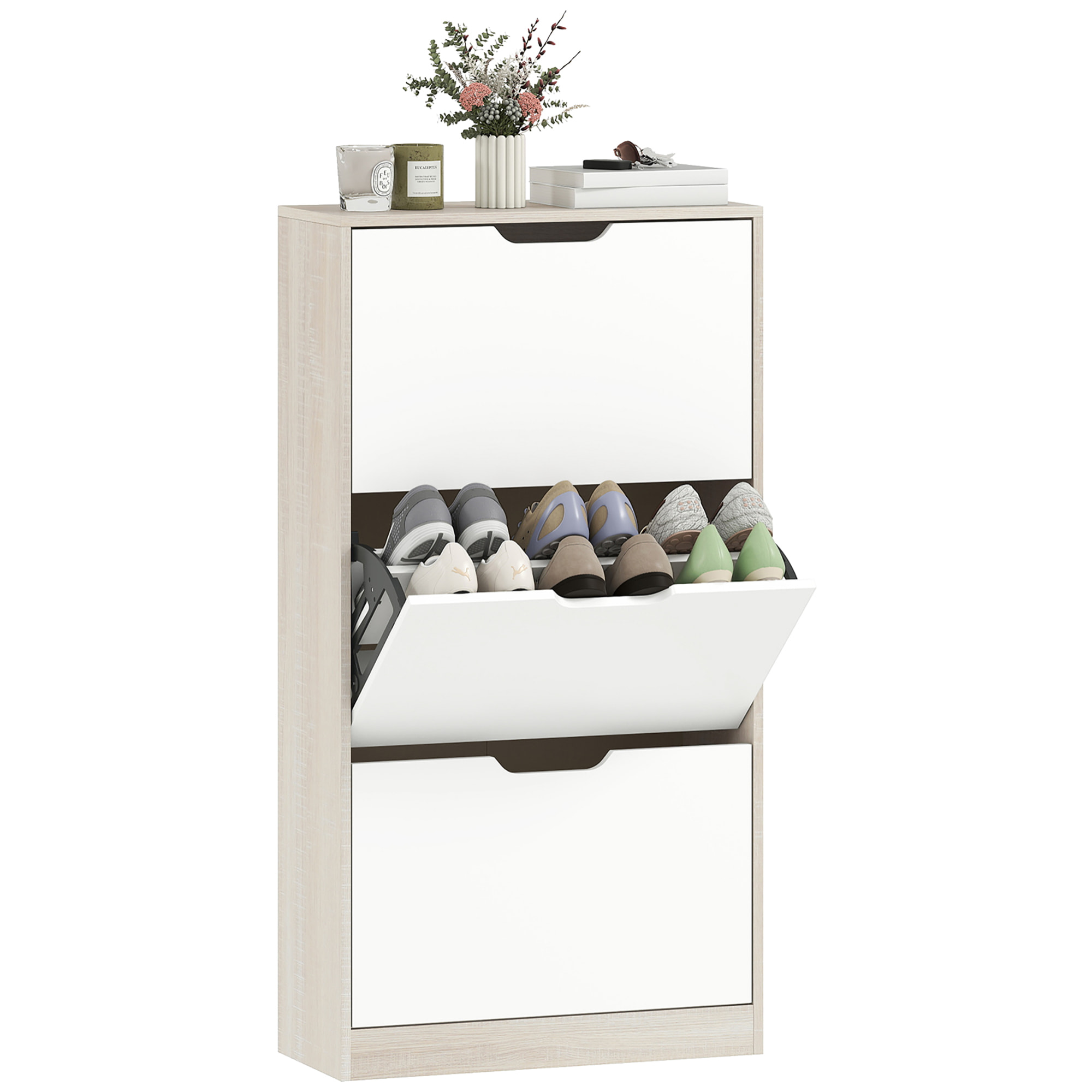 Zapatero Estrecho, 3 Puertas Abatibles, Zapatero Entrada Recibidor para 18 Pares de Zapatos, para Pasillo, Espacios Reducidos, 62,5x26x117,5 cm, Roble y Blanco