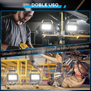 Foco LED Doble Recargable de Aluminio con Trípode Plegable 8500 Lúmenes IP65 6500K y Cabezas Ajustables para Trabajo Interior y Exterior Amarillo y Negro