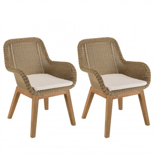 KALLY - Lot de 2 fauteuils jardin rotin synthétique et coussin, pieds droits