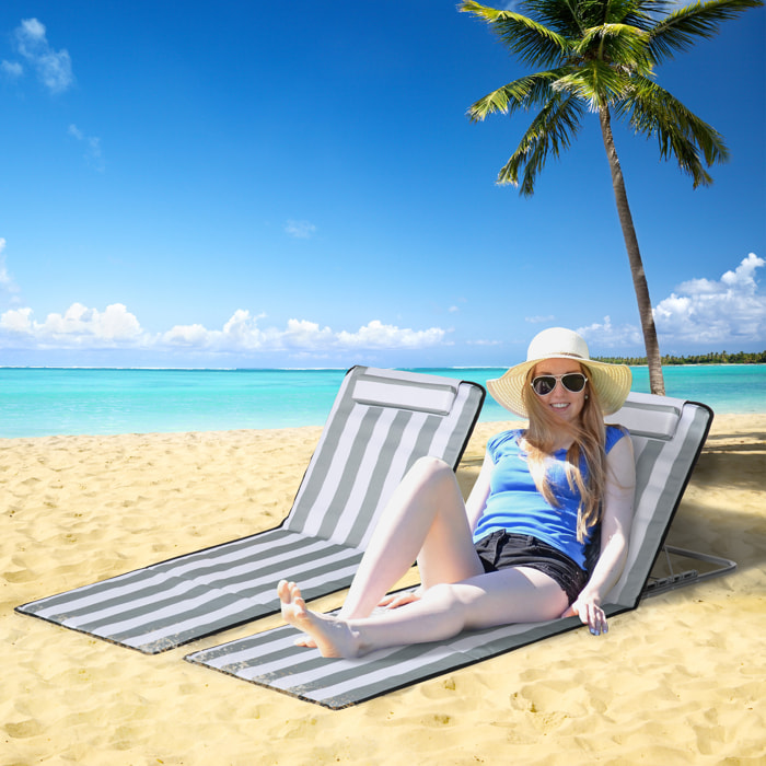 Conjunto de 2 Esterillas de Playa Plegable Esterillas con Respaldo Reclinable en 5 Niveles Reposacabezas y Bolsa de Transporte 134x48x33-43 cm Rayas Blanco y Gris