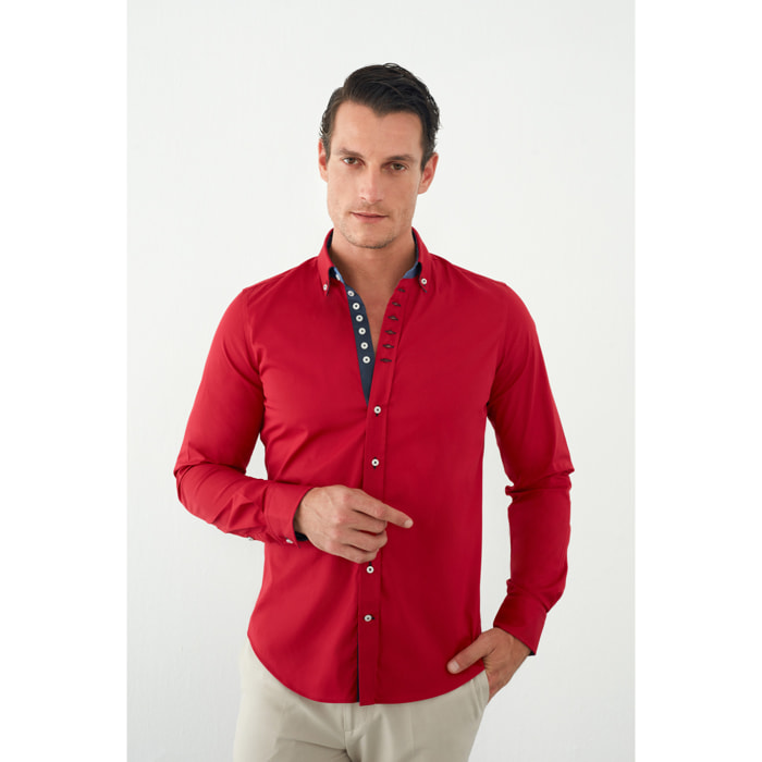 Camicia Uomo 1 Bottoni Button Down Slim Popeline Stretch Unito Rosso