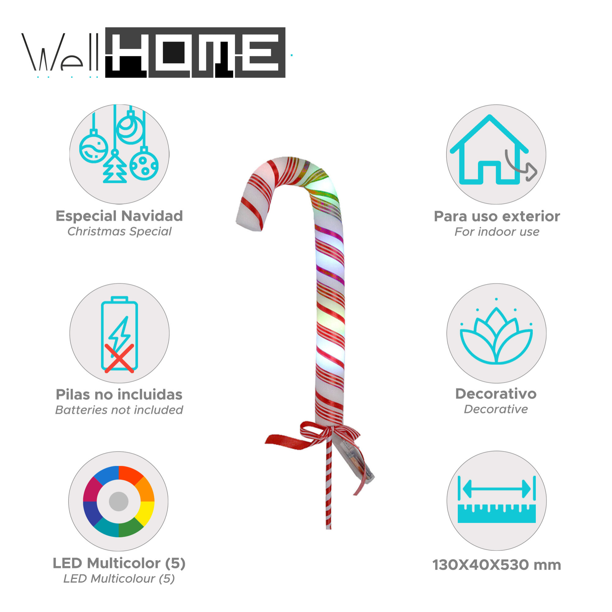 Bastón navideño de caramelo con luces led multicolores 13x4x53cm
