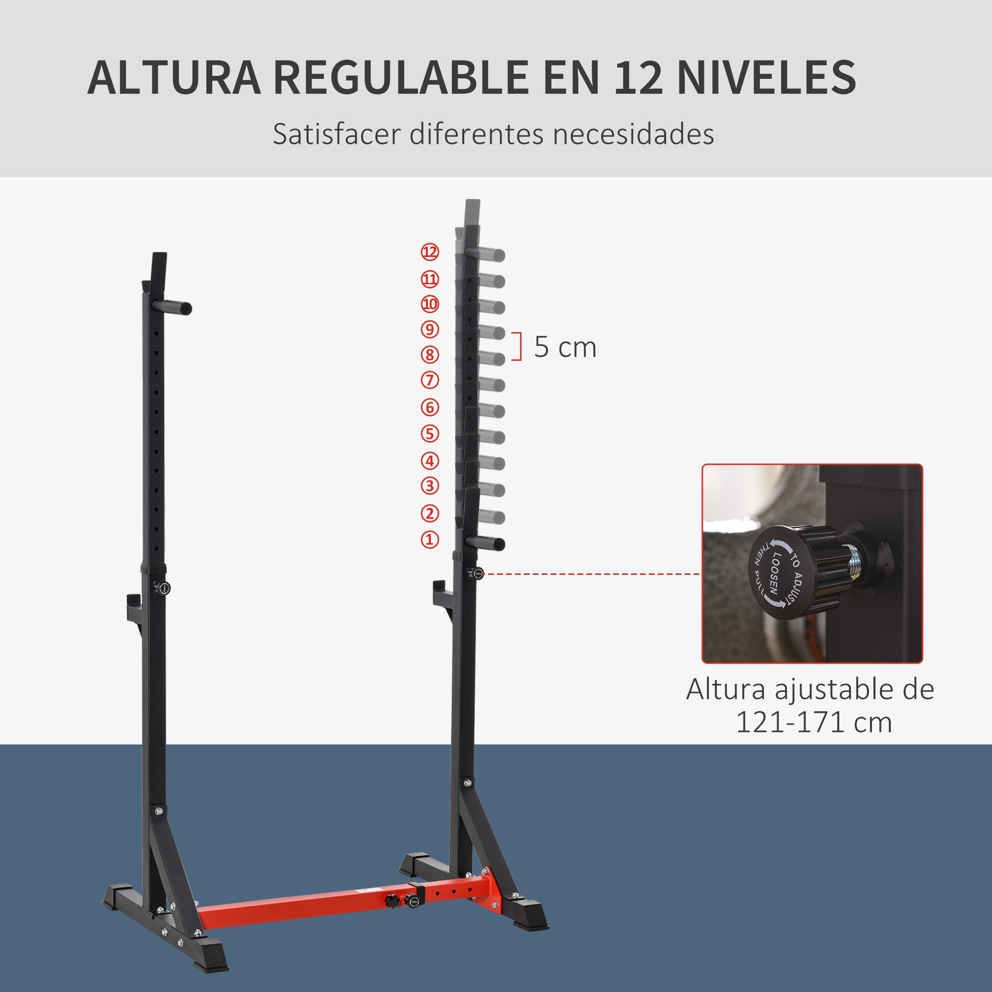 Soporte Ajustable para Barras de Pesas Estante Soporte Multifuncional para Ejercicios en Hogar y Oficina Carga 150 kg Altura Regulable de 121-171 cm Negro y Rojo