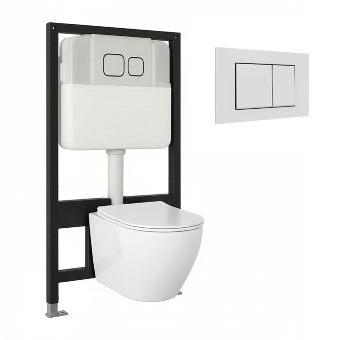 Pack Wc Suspendu + Chassis | Toilette Blanc Brillant | Bouton Blanc | Réservoir Encastré | Couvercle Amorti + Système Sans Bride | Alday