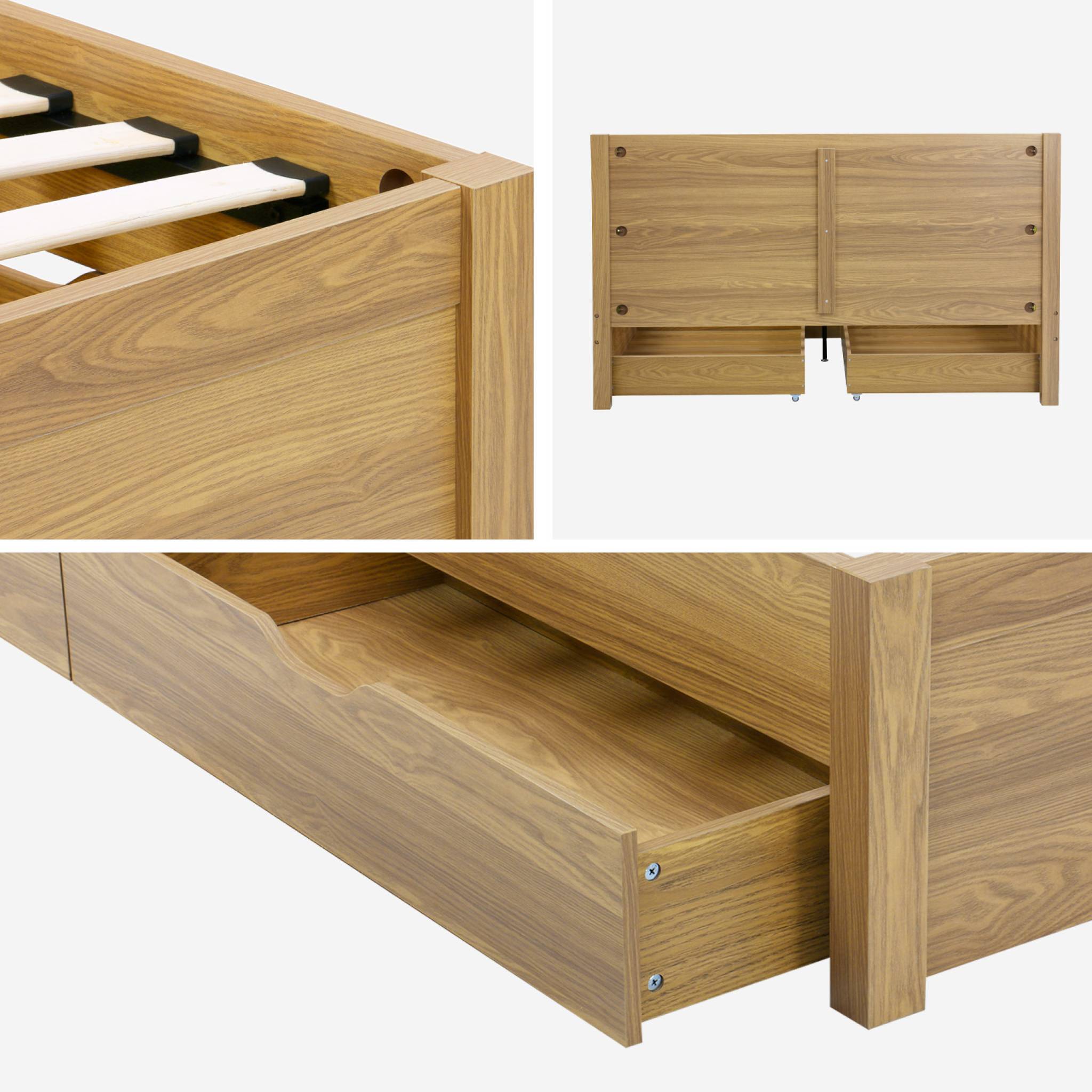 Lit avec sommier à lattes et tête de lit 160 x 200cm + 4 tiroirs décor bois NEPAL