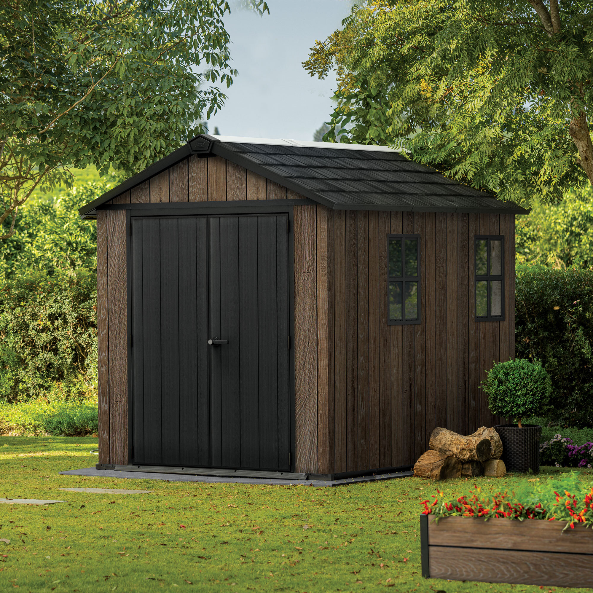 Apex 759/975- Casetta da Giardino 287x246x230 cm 2 Ante per deposito attrezzi finitura effetto legno Evotech+ in Resina Marrone e Nero
