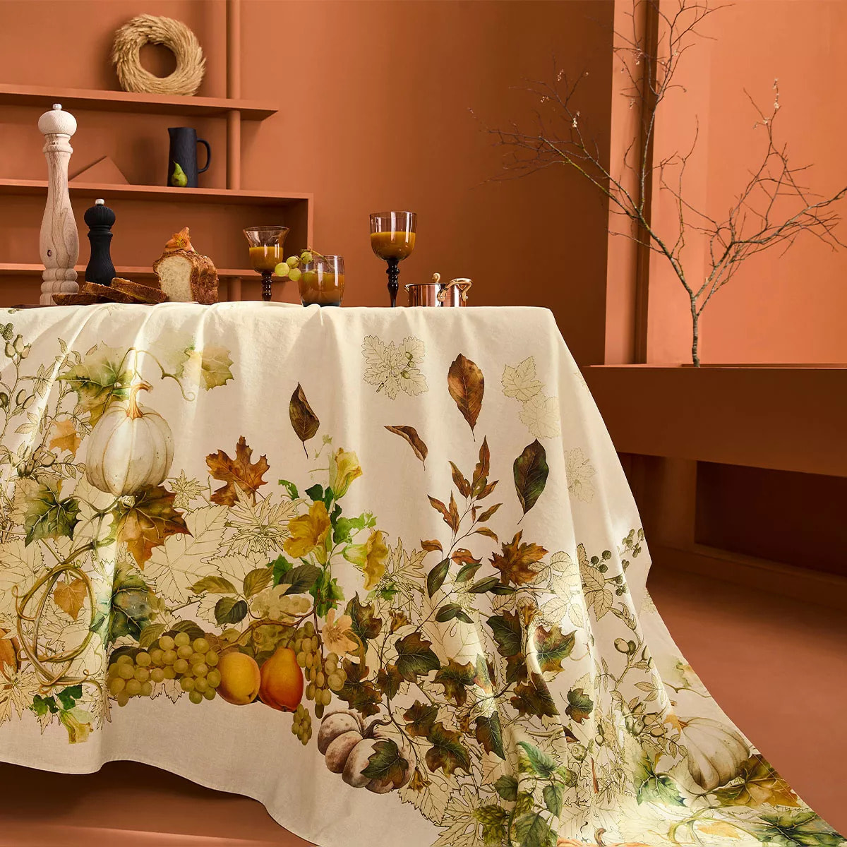 Nappe lin & coton lavé 190 g/m² imprimé beige orange Delices d'automne potiron