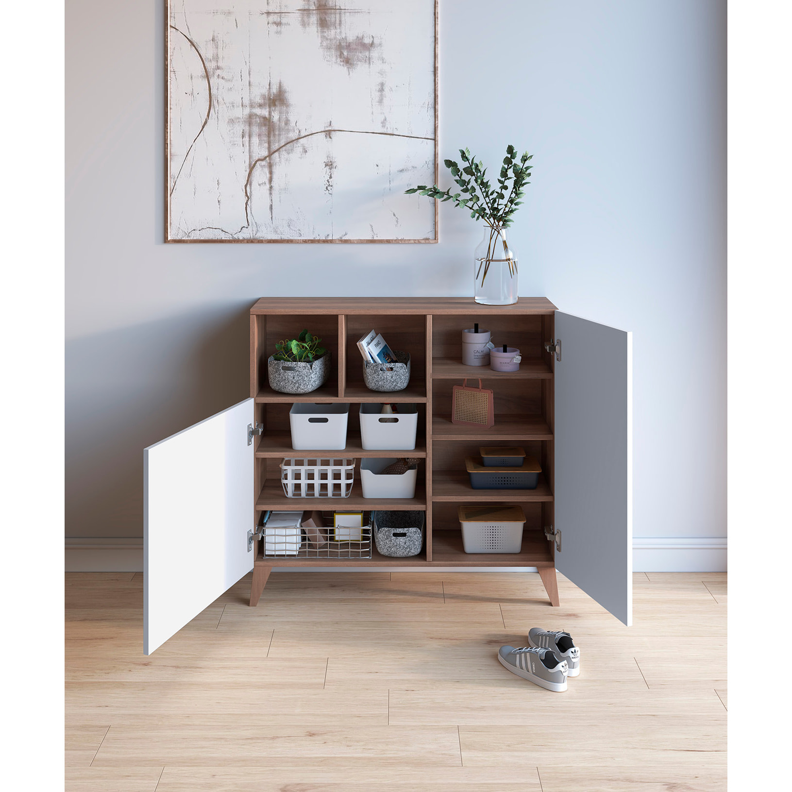 Zapatero Oslo melamina nogal puertas blanco 87x90x27 cm