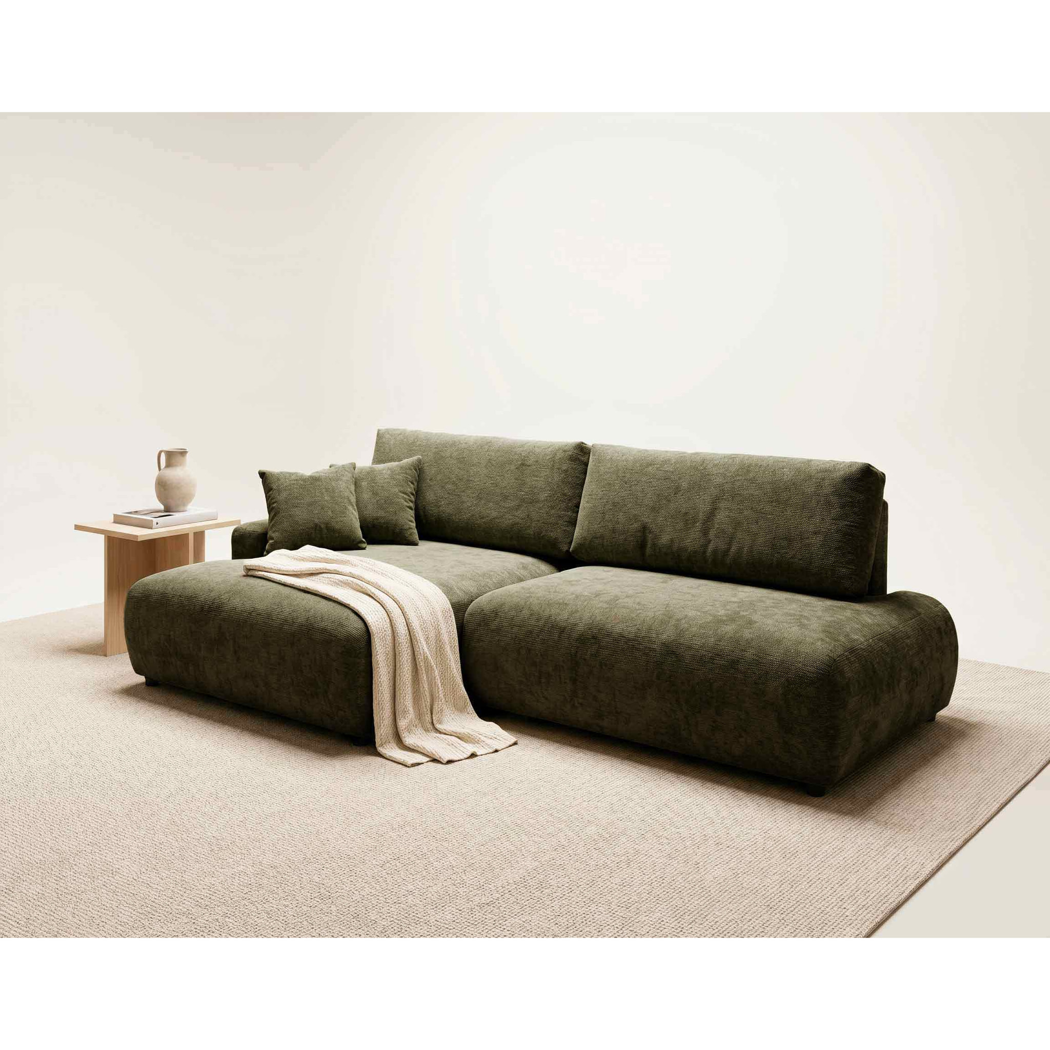 Pivoine - Canapé d'angle ouvert gauche 4 places convertible avec coffre en tissu texturé - Vert Kaki
