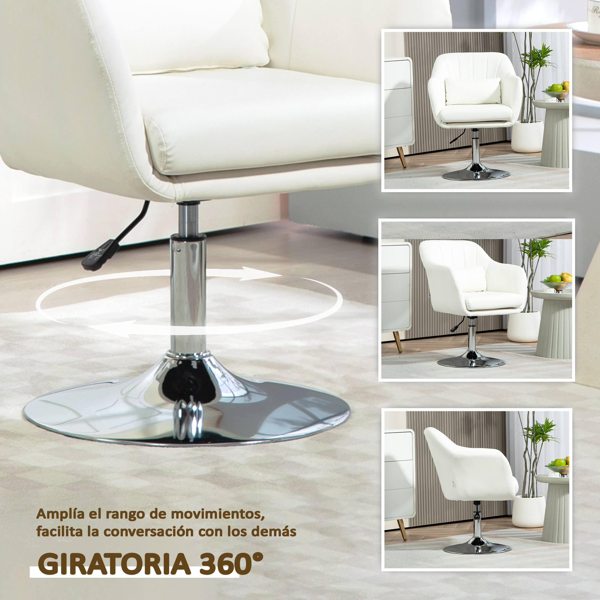 Butaca de Dormitorio Moderna Butaca de Salón Giratoria Tapizado en PU con Altura Ajustable Reposabrazos y Cojín Butaca para Sala de Estar Blanco
