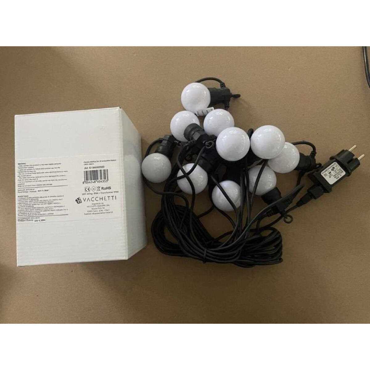 Catena in plastica da 5m con 10 lampadine a luce bianco caldo opaco