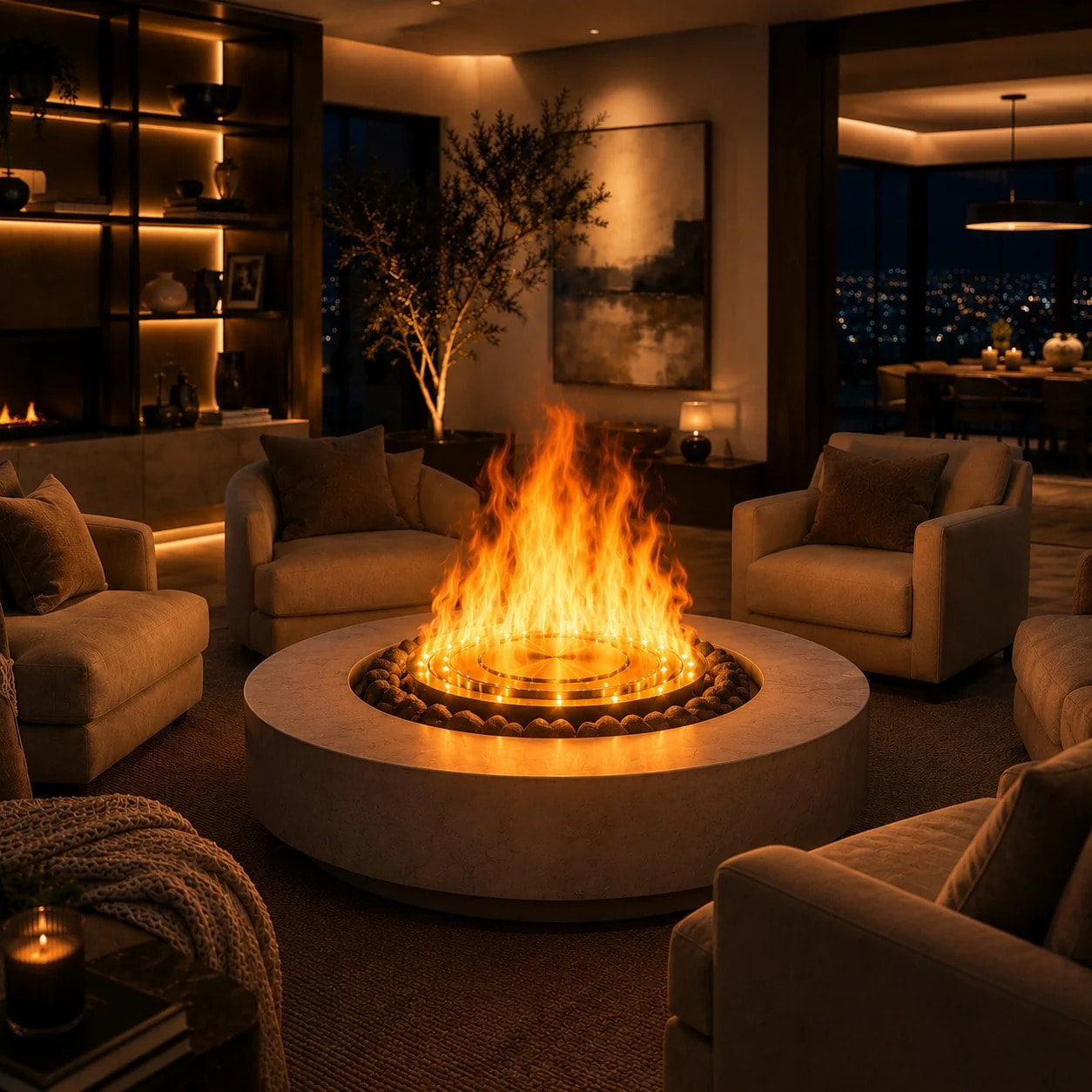 Round 3D 550 - Inserto Camino Decorativo ad Acqua Senza Calore Ø55x17 cm con Effetto Fiamma a LED 3D