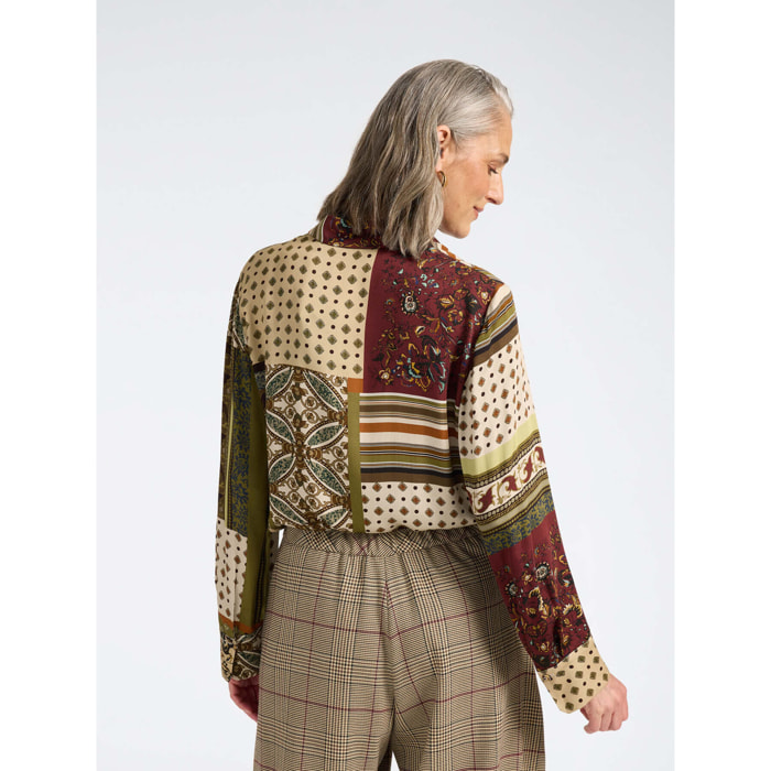 Elena Mirò - Camicia in raso stampata patchwork - Verde militare