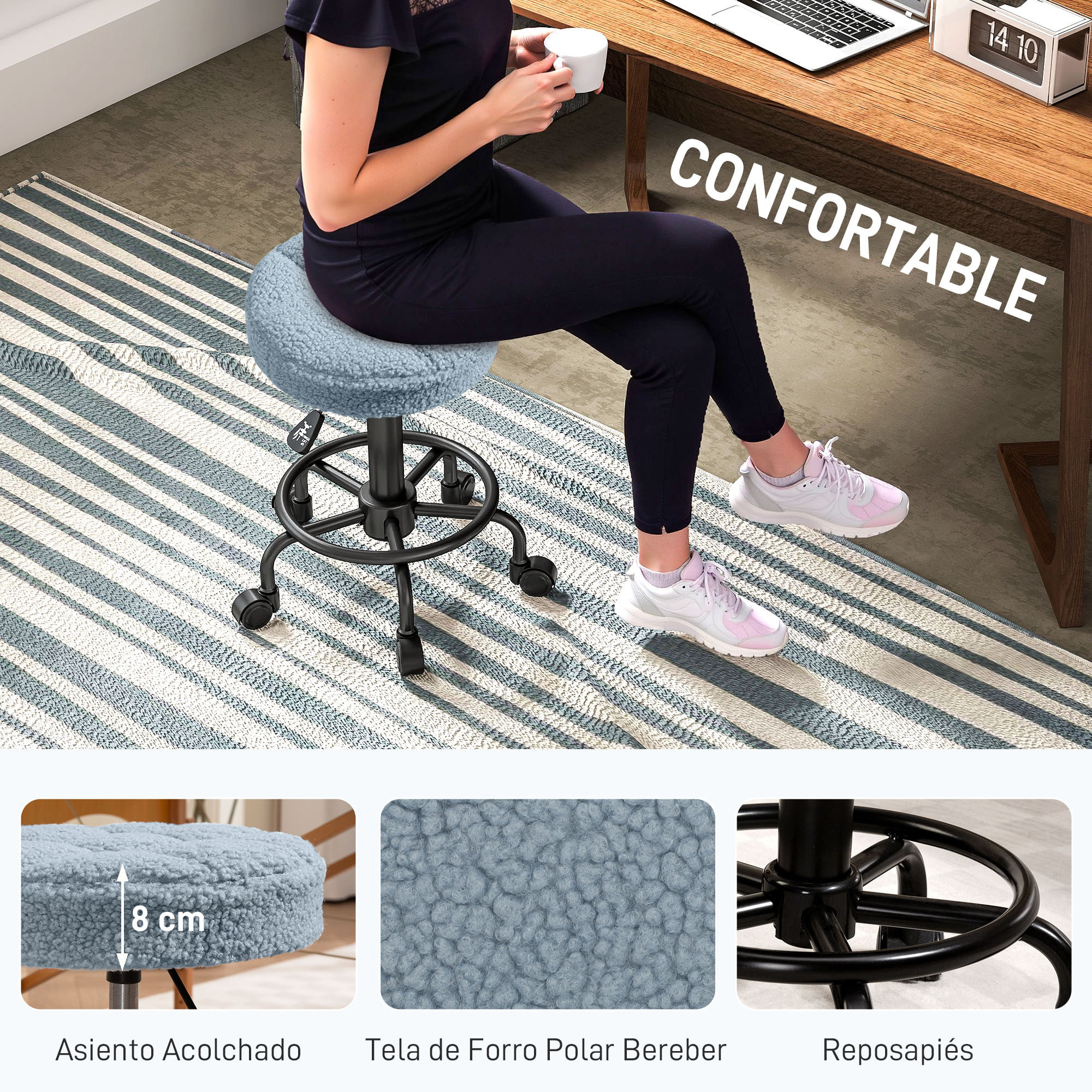 Taburete Giratorio Redondo Taburete con Ruedas Altura Regulable 50-66 cm Asiento Tapizado en Tejido de Borreguito para Salones Talleres Spa Masaje Azul