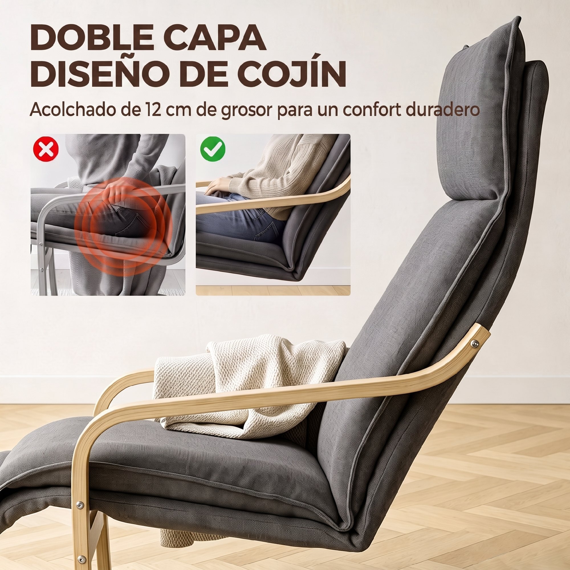 Sillón de Salón con Reposapiés, Butaca de Salón Tapizada en Lino con Balanceo Suave, Respaldo Alto, Asiento Ancho, Sillón de Relax para Dormitorio, Oficina, Estudio, Gris Oscuro