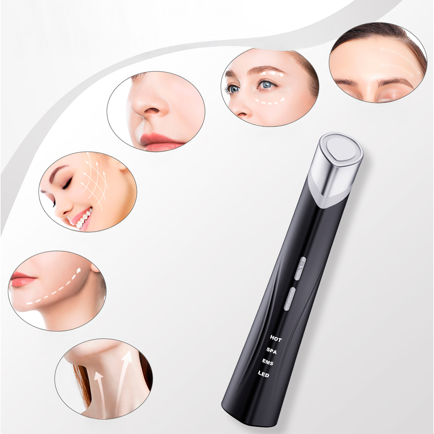 Strumento di bellezza 4 in 1 con luci LED, EMS e modalità calore.