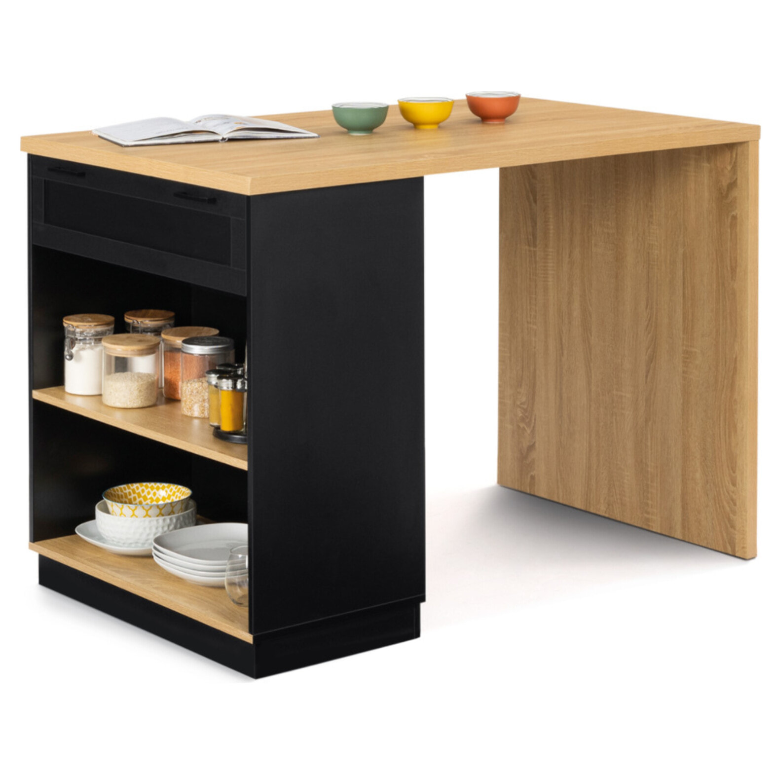 Ilot de cuisine Marius bois et noir avec rangements