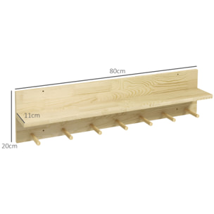 Estante de Pared de Madera Estante Flotante Repisas de Pared con 7 Ganchos para Entrada Pasillo Dormitorio 80x12x20 cm Natural