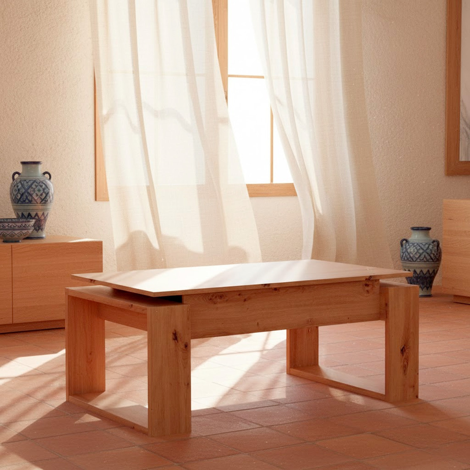 Tavolino Rialzabile Da Caffè Con Piano Sollevabile Tavolo Da Soggiorno Pranzo Moderno Salvaspazio Ideale per Mangiare Lavorare 105 x 55 x 45 cm Rovere