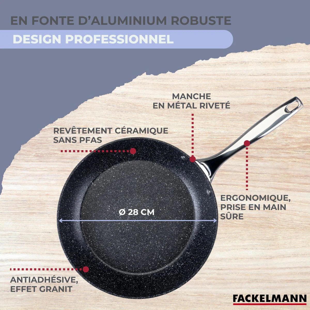Poêle 28 cm fonte aluminium revêtement antiadhésif céramique sans PFAS Fackelmann