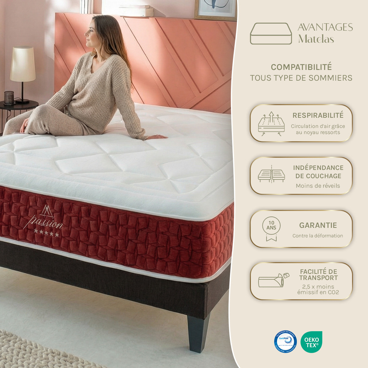 Matelas Hybride Passion, Ressorts Ensachés & Mémoire de Forme, 32 cm, Accueil Moelleux, Soutien Ferme, Garanti 10 ans