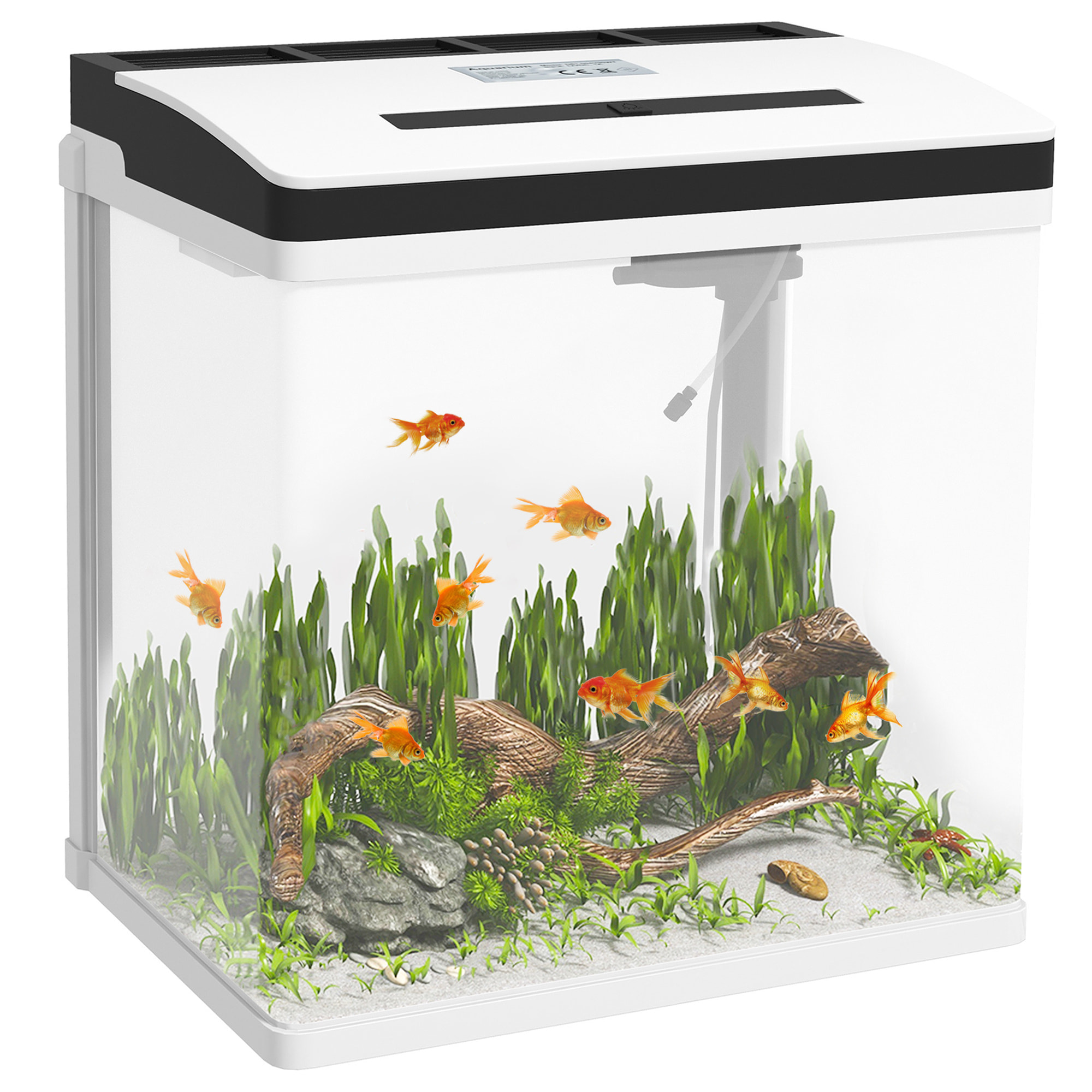 Acuario de Cristal de 28L Pecera Pequeña con Sistema de Filtro Iluminación LED Bomba de Agua 38x26x39,5 cm Blanco