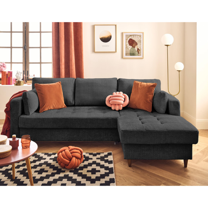 Anna - canapé d'angle droit 4 places convertible avec coffre en velours texturé - Gris Anthracite