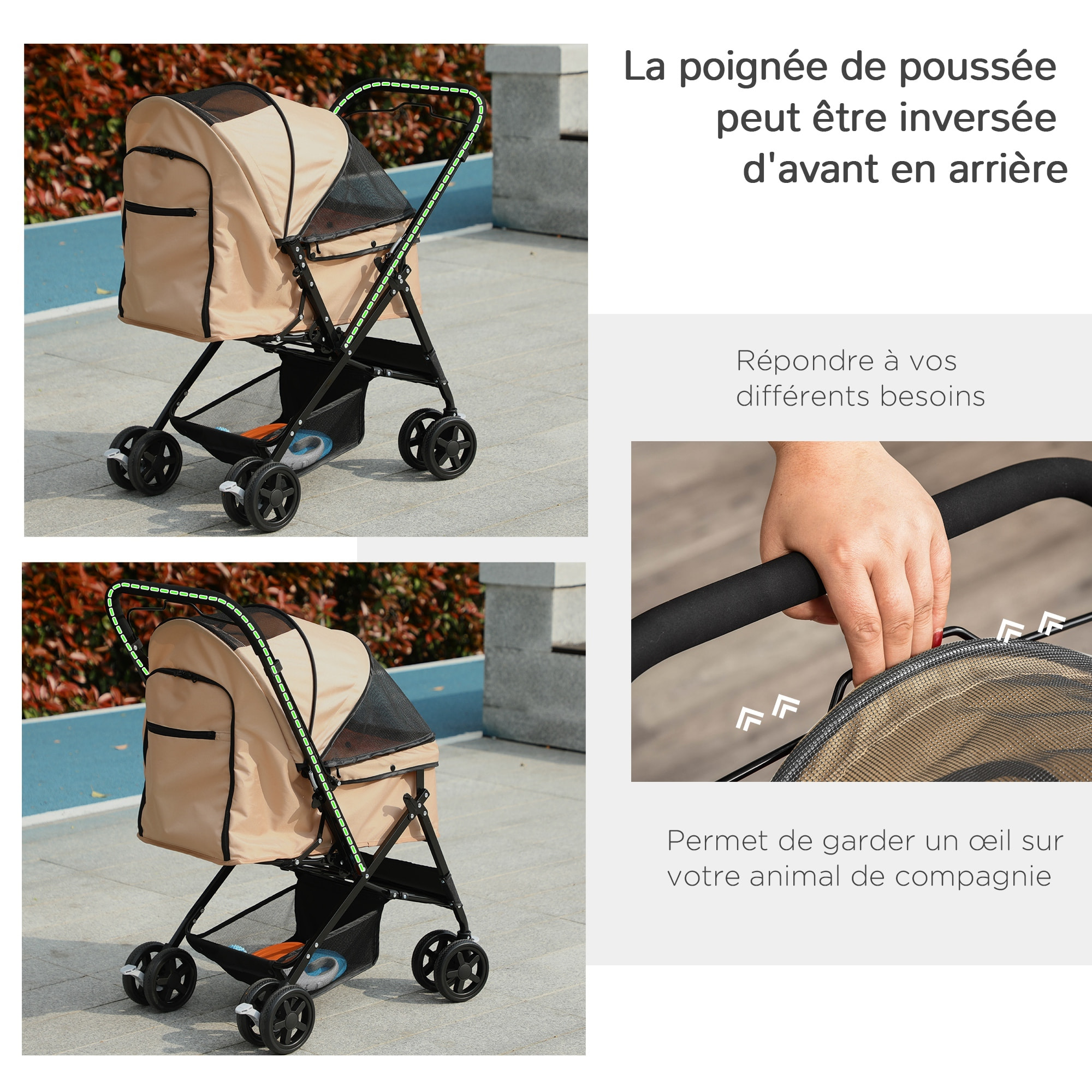 Poussette buggy pliable chien chat panier et sac de rangement attaches sécurité housse réglable poignée réglable acier Oxford beige