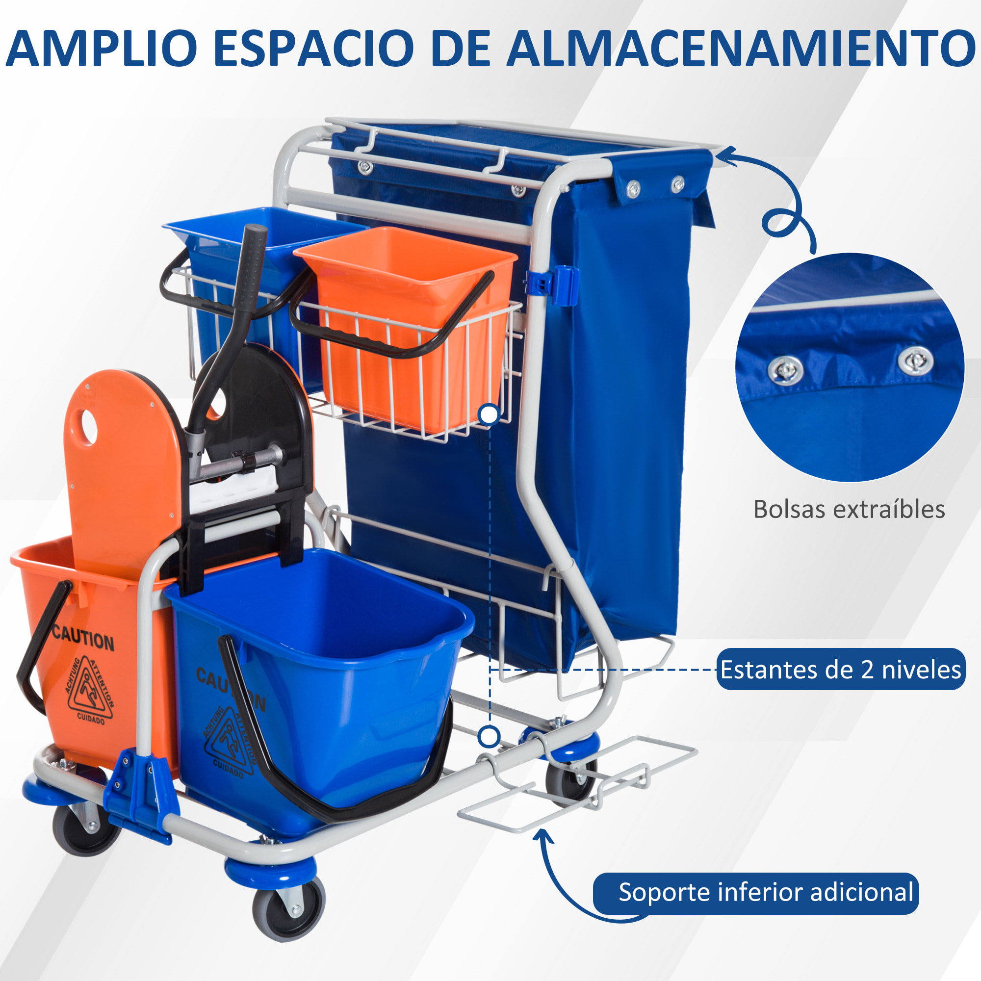 Carro de Limpieza Profesional con Doble Cubo Extraíble de 18 Litros Escurridor de Prensa 2 Cubetas Auxiliares y Bolsa de Basura 93x70x97 cm Azul y Naranja