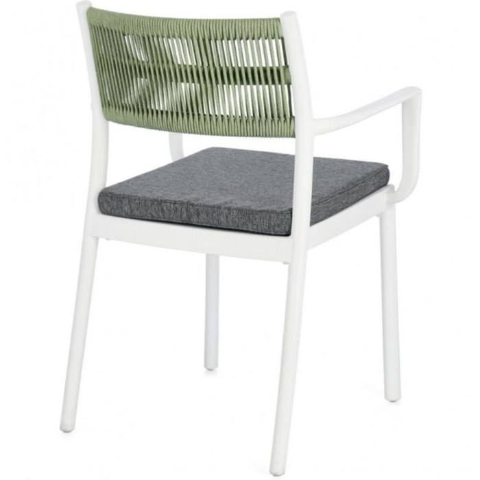 Set di 4 sedie ALVIN in polipropilene bianco e corda intrecciata verde, con braccioli