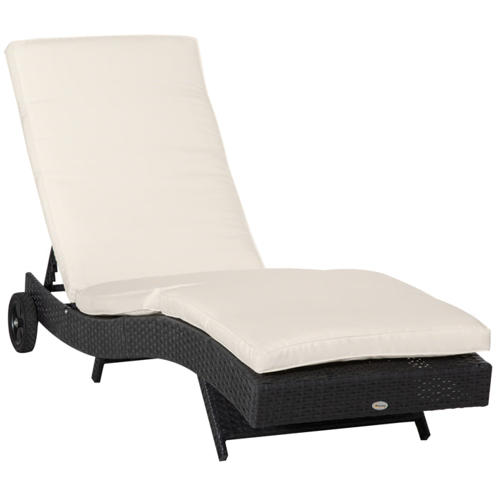 Tumbona de Ratán Reclinable Tumbona de Jardín en Forma de S con 2 Ruedas Respaldo Ajustable en 5 Posiciones y Cojín Extraíble para Patio Terraza 207x70x70 cm Negro y Beige