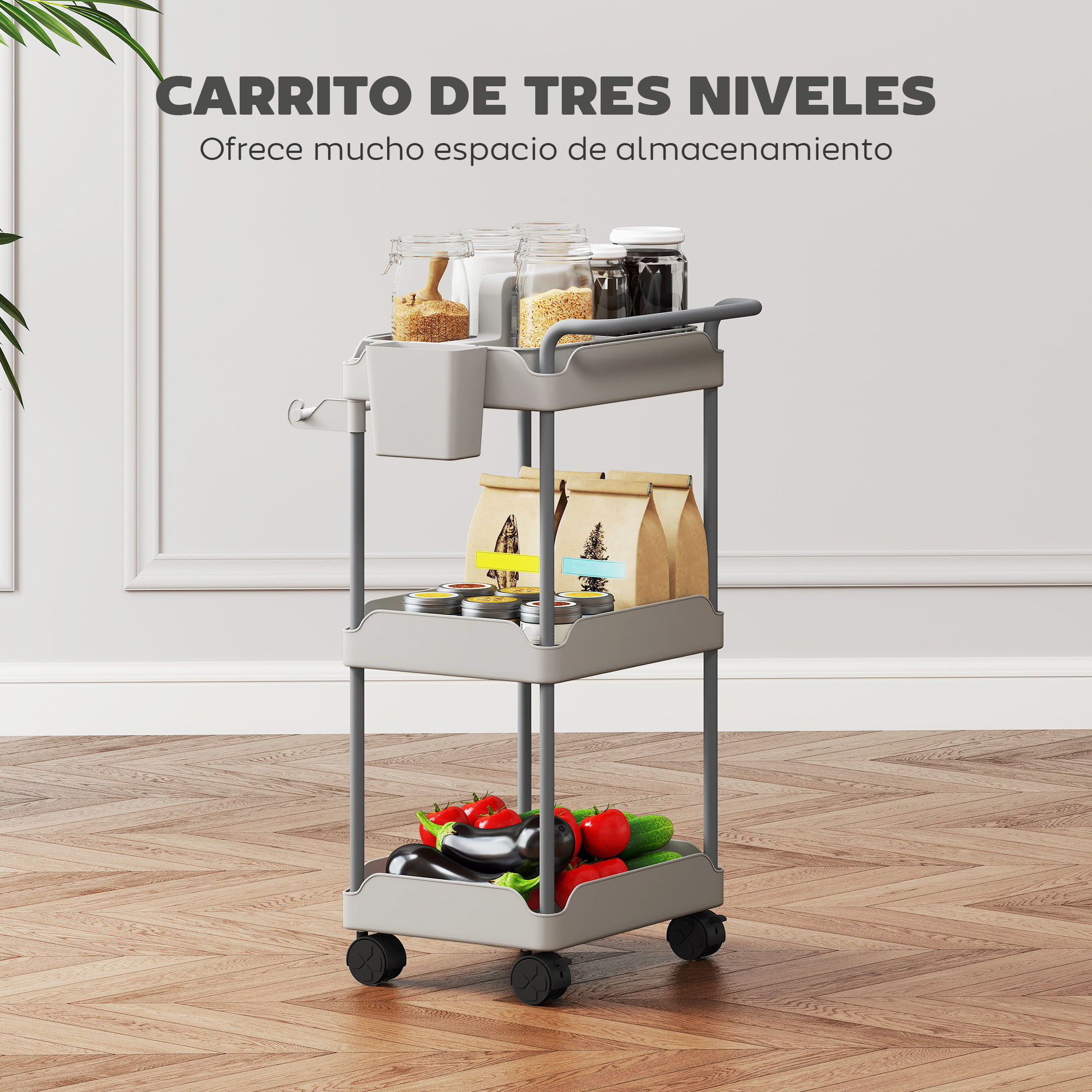 Carrito Auxiliar con Ruedas de 3 Niveles, Carrito de Cocina con Cestas Extraíbles, Ruedas con Freno, Soporte para Toallas y Marco de Metal, para Comedor, Salón, Baño, Oficina, Gris