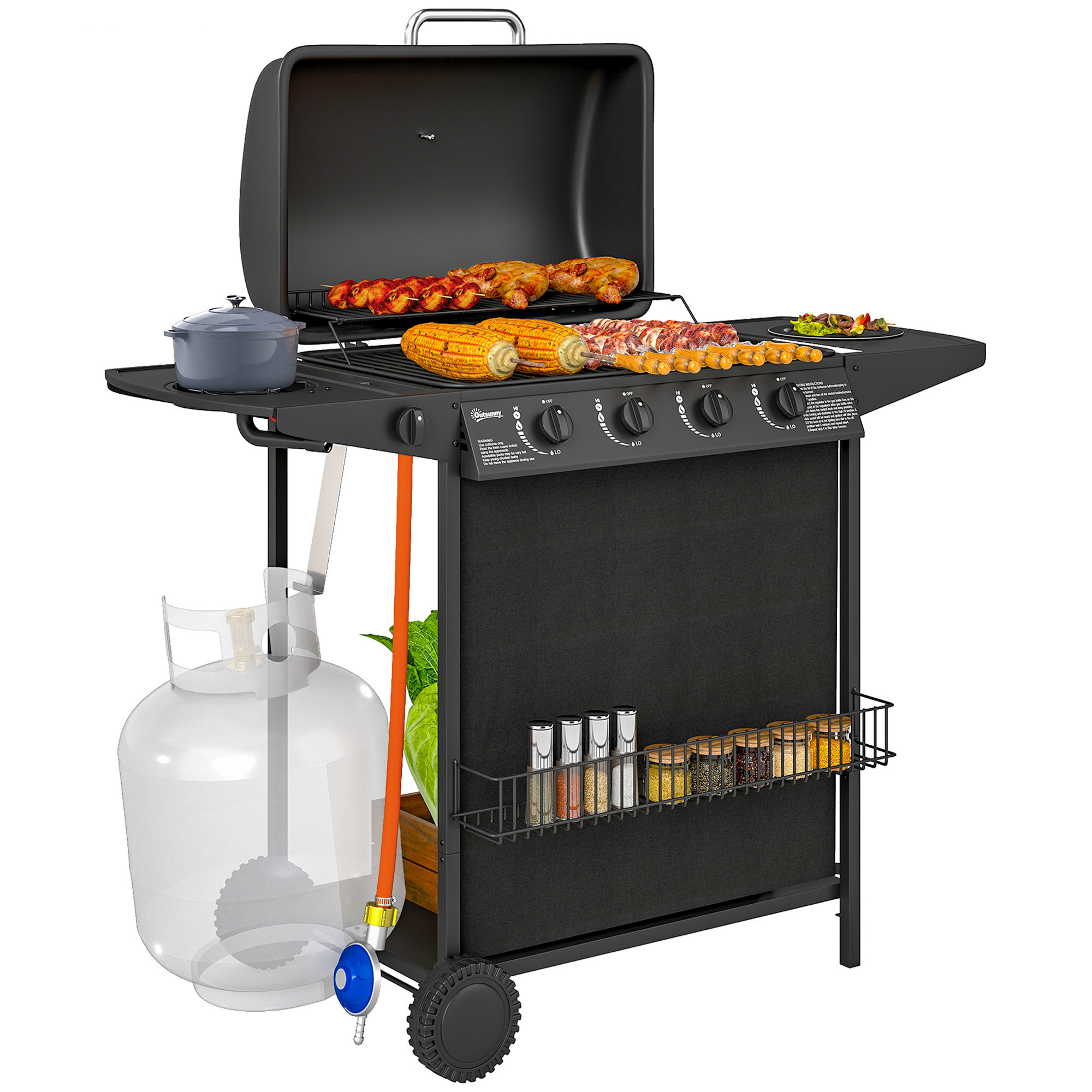 Barbacoa de Gas BBQ Gas con 4+1 Quemadores 12 kW Barbacoa Portátil con Termómetro Mesa Lateral Estante Especiero Parrilla Recogedor de Grasa 2 Ruedas para Jardín Exterior Camping Negro