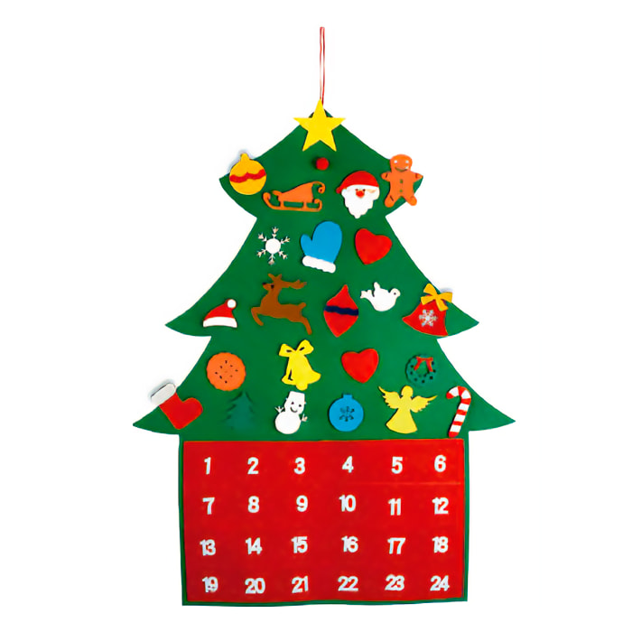 Calendario dell'Avvento in feltro a forma di albero di Natale. Include 24 accessori per decorare. 65.5x84.5 cm.