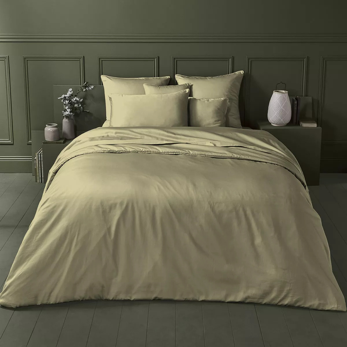 Drap plat satin de coton uni beige Ava uni glaise