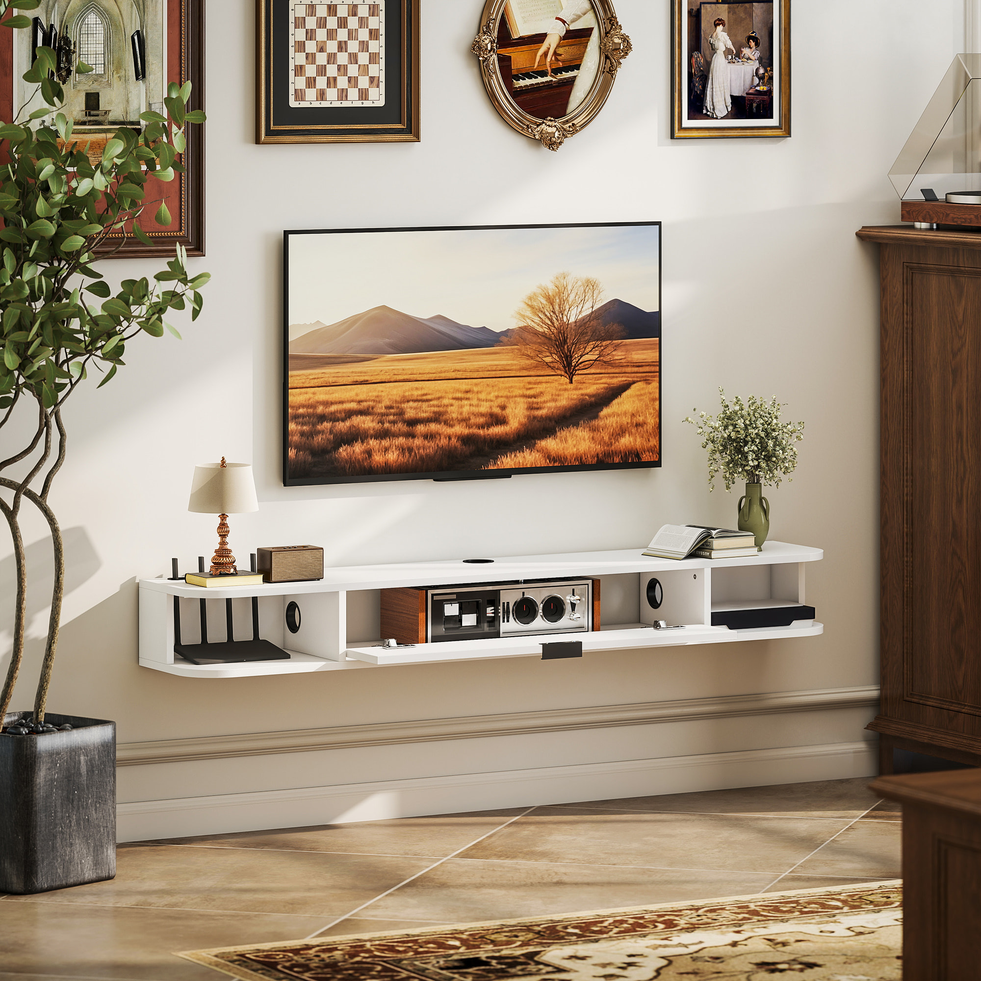 Meuble TV suspendu 140cm - porte, 2 niches, espace routeur, passe-fils - effet bois blanc
