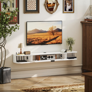 Meuble TV suspendu 140cm - porte, 2 niches, espace routeur, passe-fils - effet bois blanc