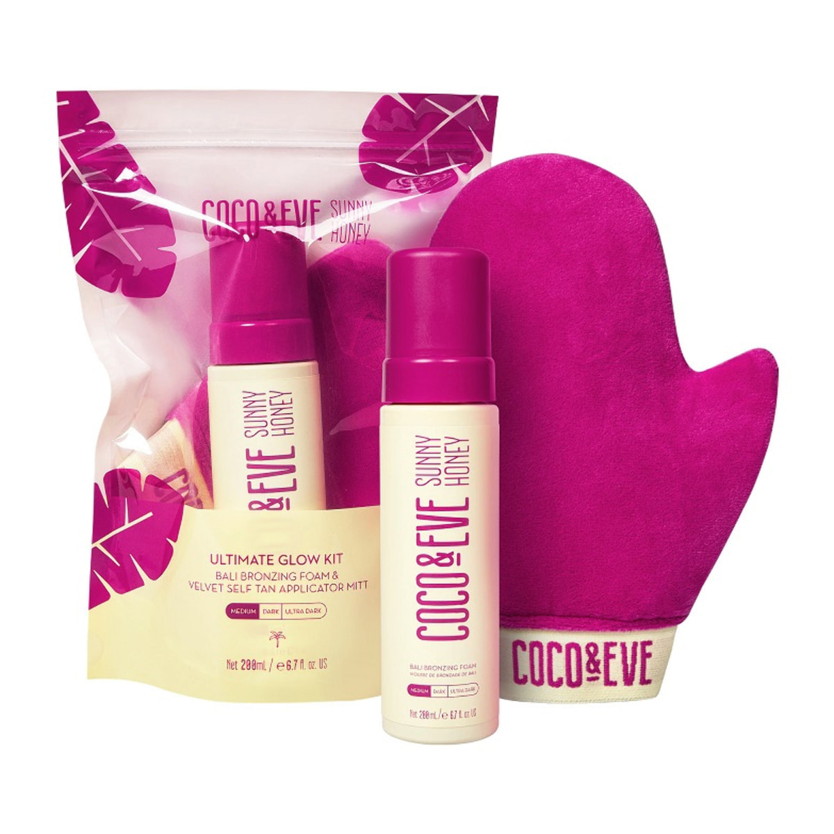 COCO & EVE Set Ultimate Glow Medium Bronzing Foam 200ml + Velvet Self Tan Applicator Mitt