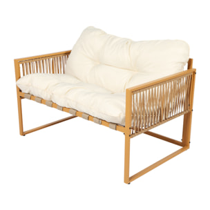 FORLI Salon de jardin 4 places effet rotin coussins blancs